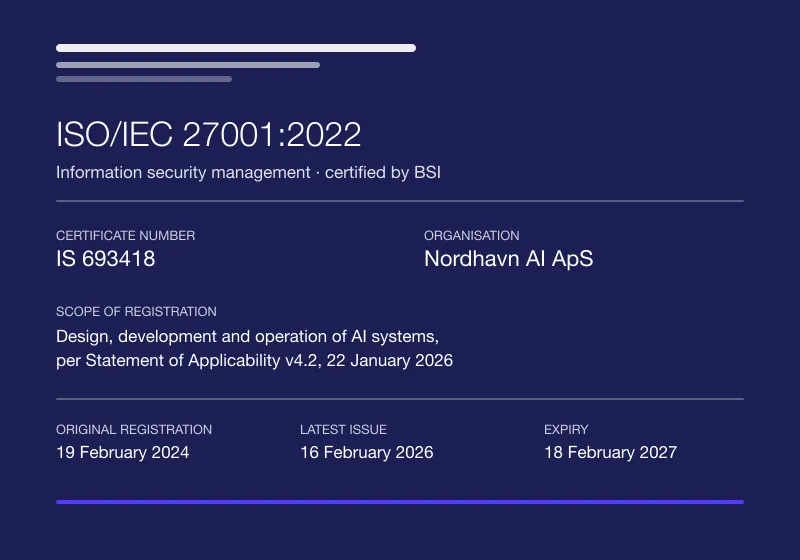 BSI certificate card for ISO/IEC 27001:2022, certificate number IS 693418